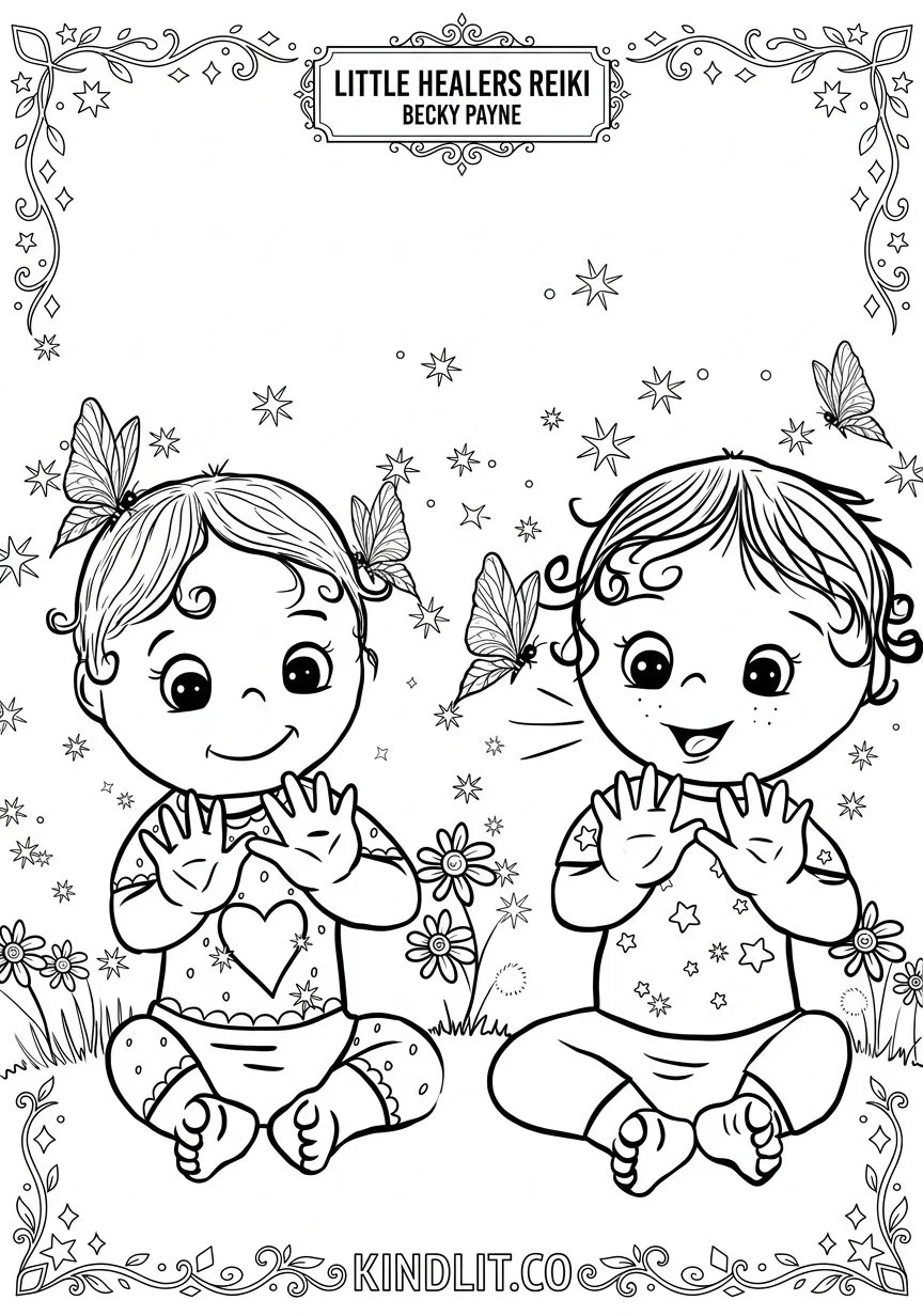 Coloring page featuring two children sitting outside in a garden with flowers, butterflies, and stars. The children are smiling and holding their hands up. The title at the top reads 'Little Healers Reiki Becky Payne.'