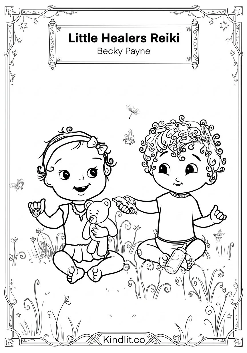 Black and white illustration of two children sitting in a field of grass surrounded by various insects and flowers, with a banner at the top reading "Little Healers Reiki" and the name "Becky Payne." The children are smiling, one holding a teddy bear, and the other holding a toy car.