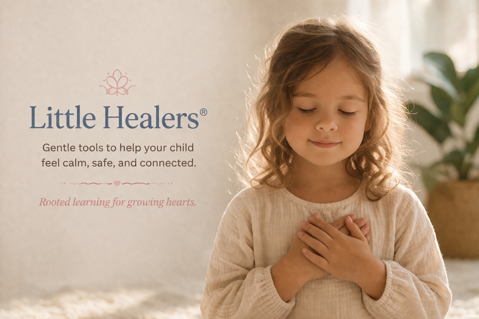 A young girl with curly hair and closed eyes, holding her hands over her heart with a calm expression, sitting indoors with a plant in the background.