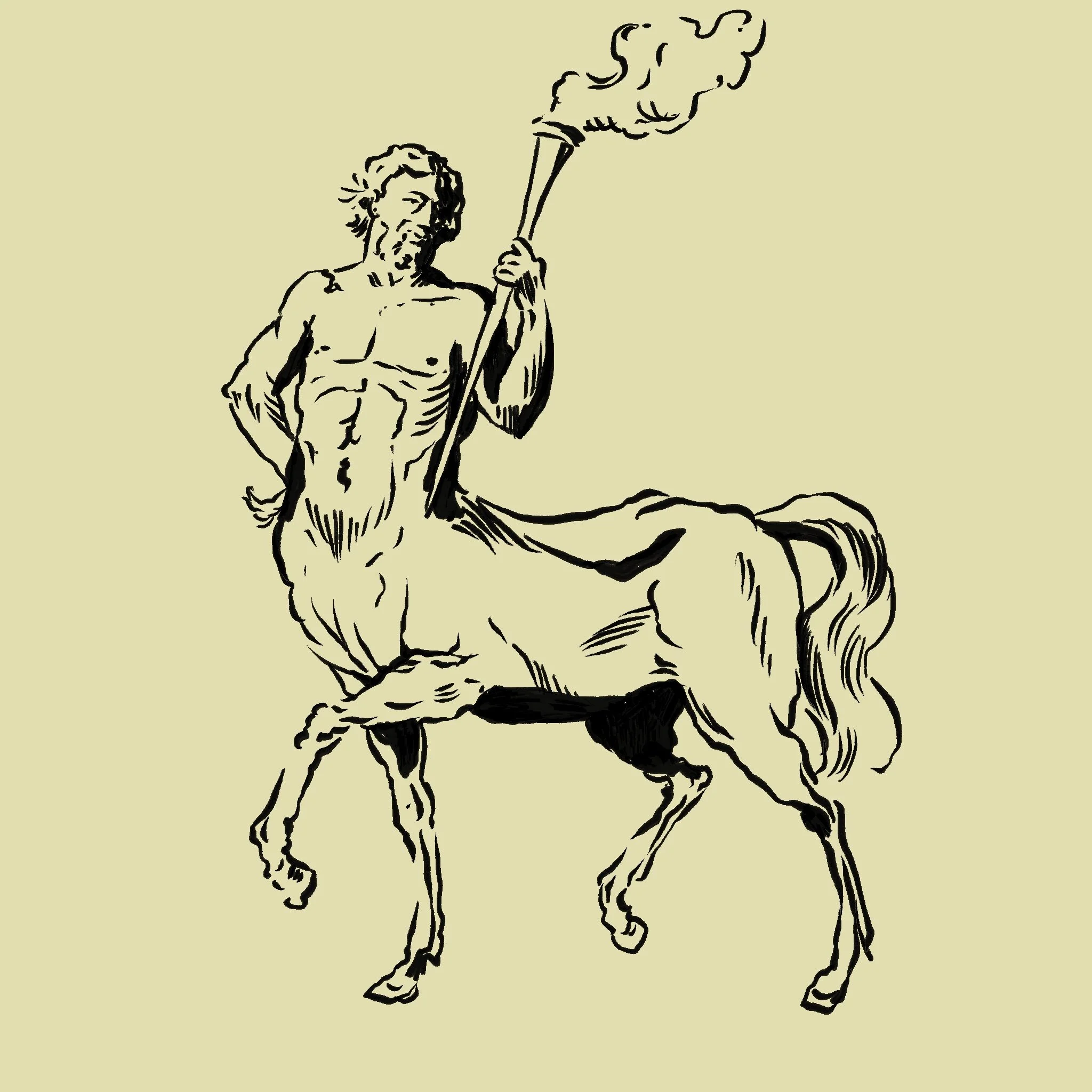 Line drawing of a centaur holding a torch with smoke, with the upper body of a human man and the lower body of a horse.