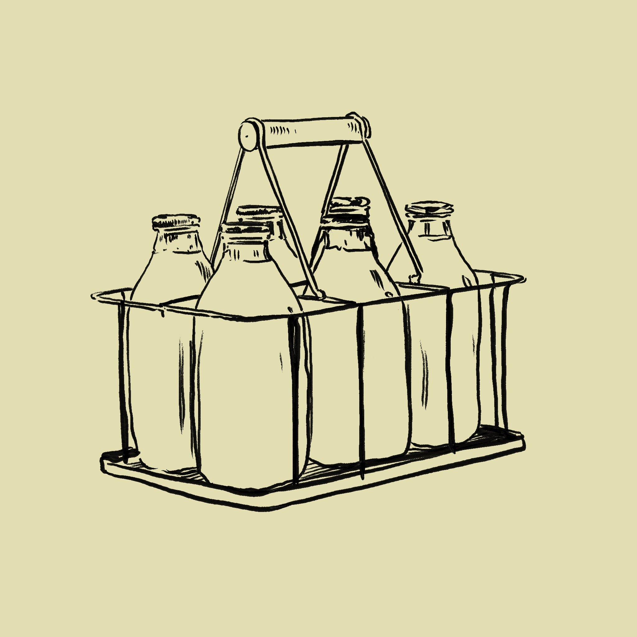 Sketch of a six-pack of soda bottles in a cardboard carrier with a handle.