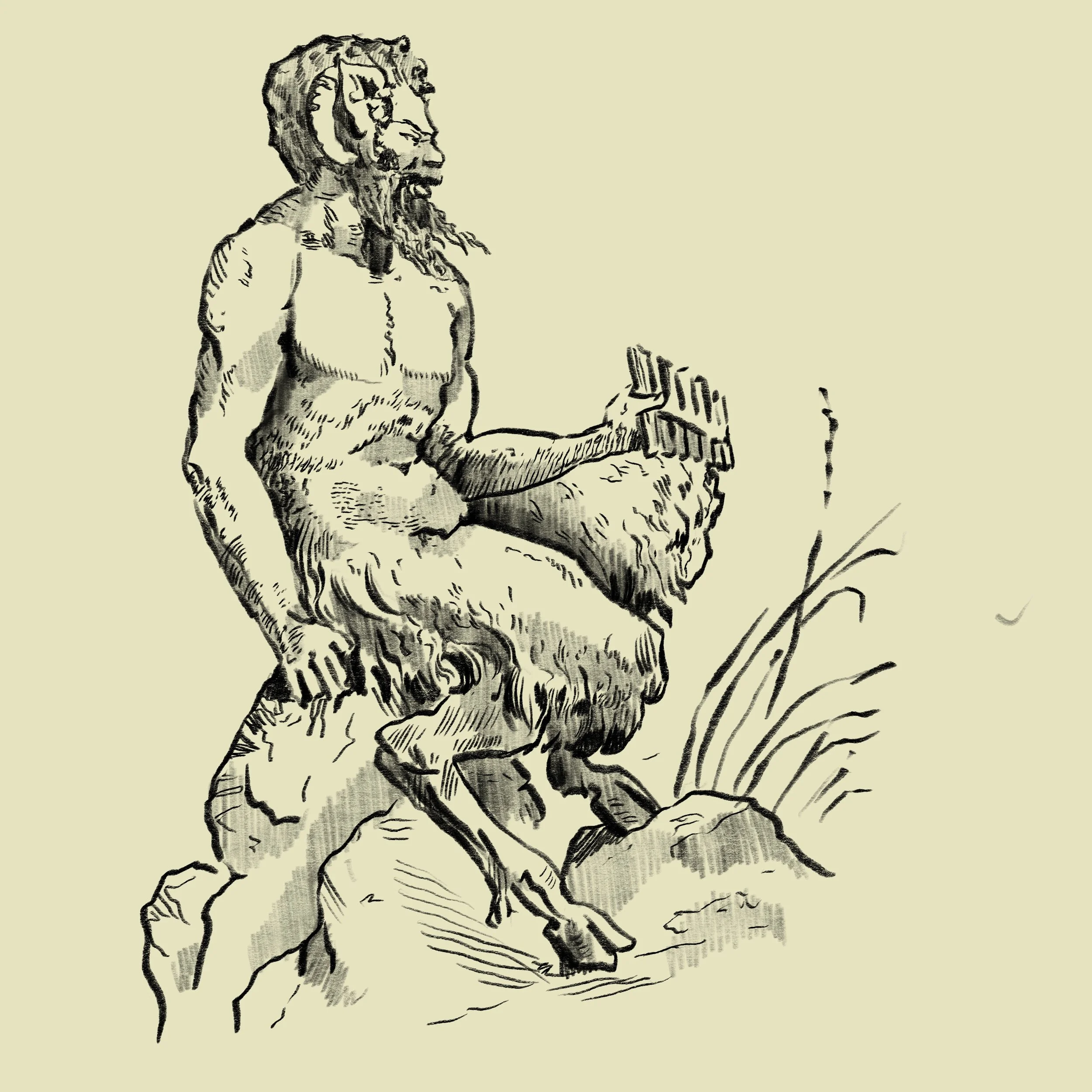 Drawing of a satyr-like creature with a lion's head and human body, sitting on a rock, with grass and rocks around.