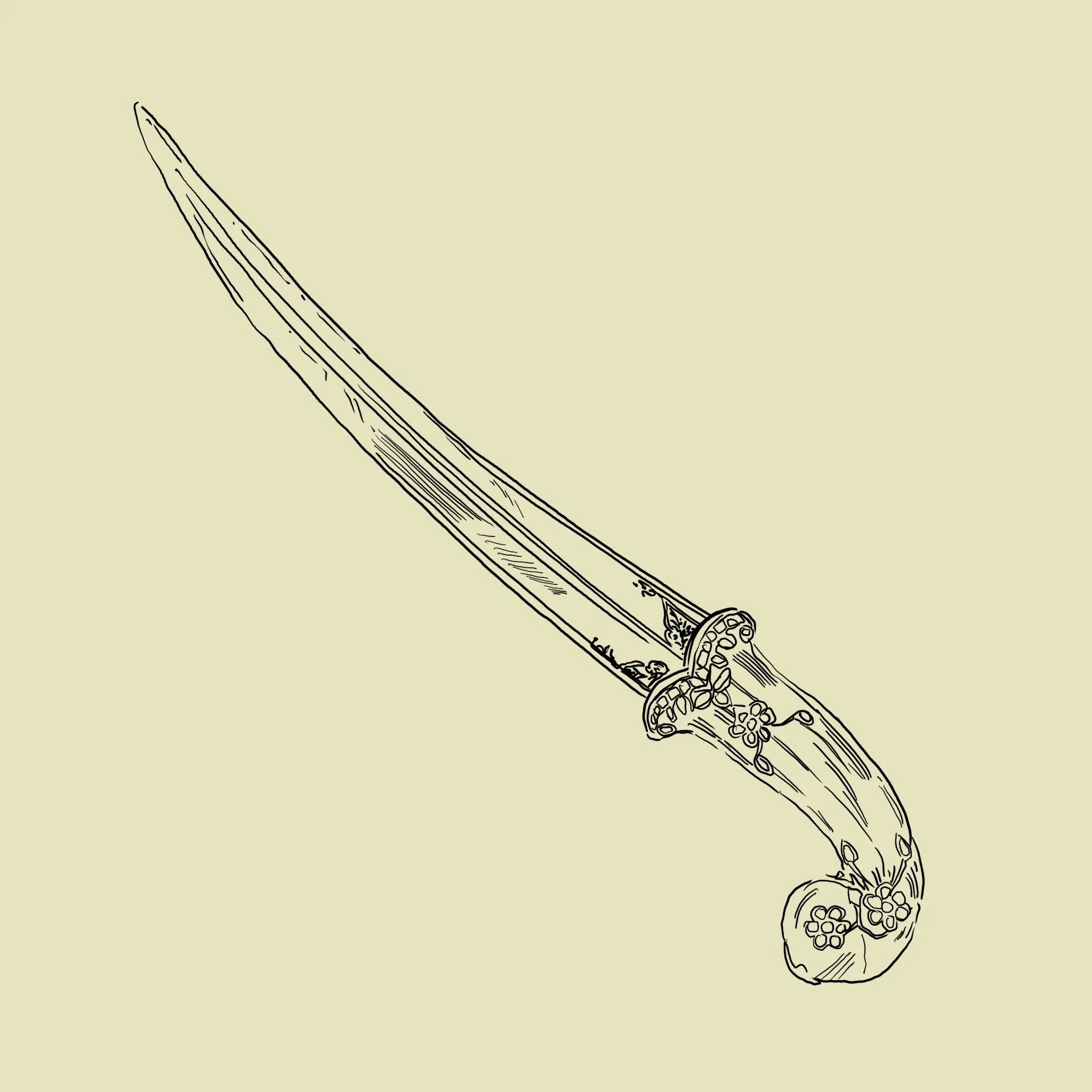 Line drawing of a traditional Japanese katana sword with an ornate handle and floral designs, set against a light background.