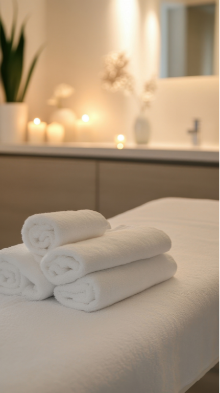 Stacked rolled white towels on a massage or treatment table in a spa room