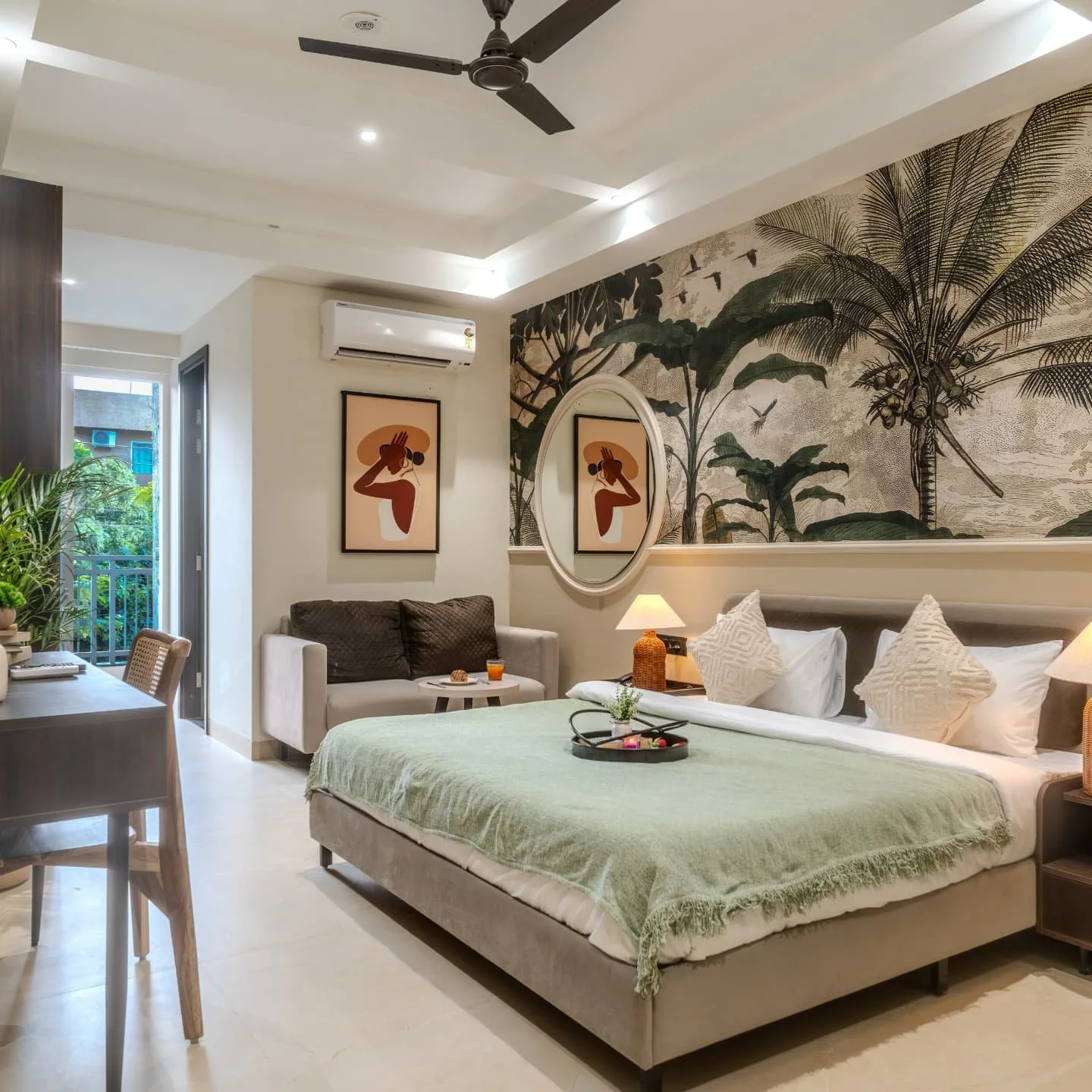 💙✨ Newly designed &amp; delivered ✨💙
Boutique Studios by Zipcode Hospitality &ndash; featuring abstract banana leaf wallpaper 🍃🎨, curated paintings, and a serene outdoor balcony seating for the perfect escape 🌿☕🌅

Where art, design &amp; comfor