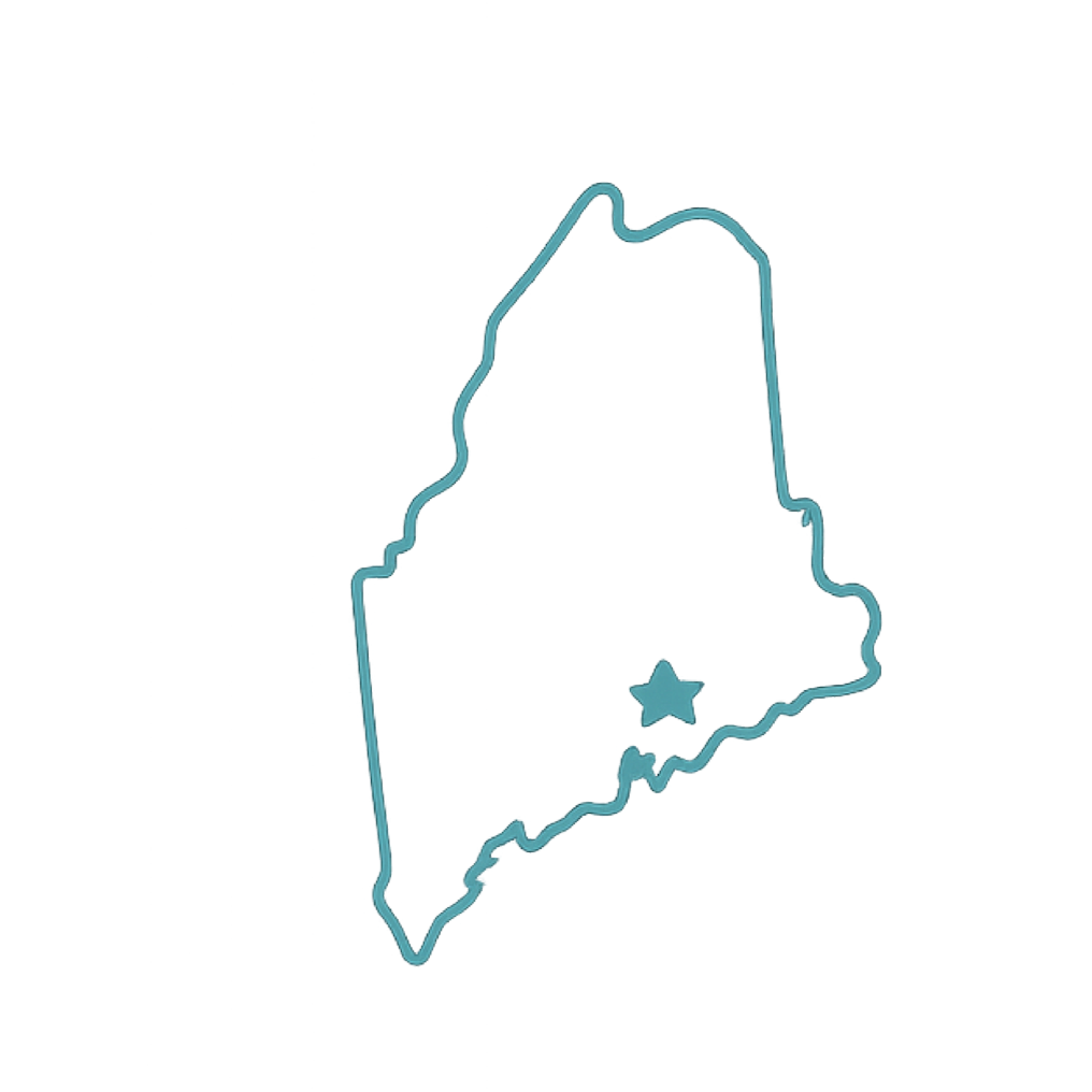 Map outline of New Hampshire with icons indicating points of interest and text labels, including a star symbol, map title, and legend.
