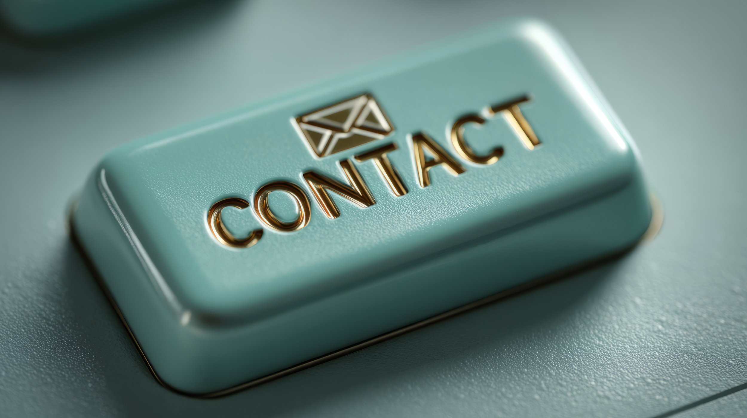 A light blue metal tin with the word 'CONTACT' in gold letters and an envelope icon, placed on a textured surface.