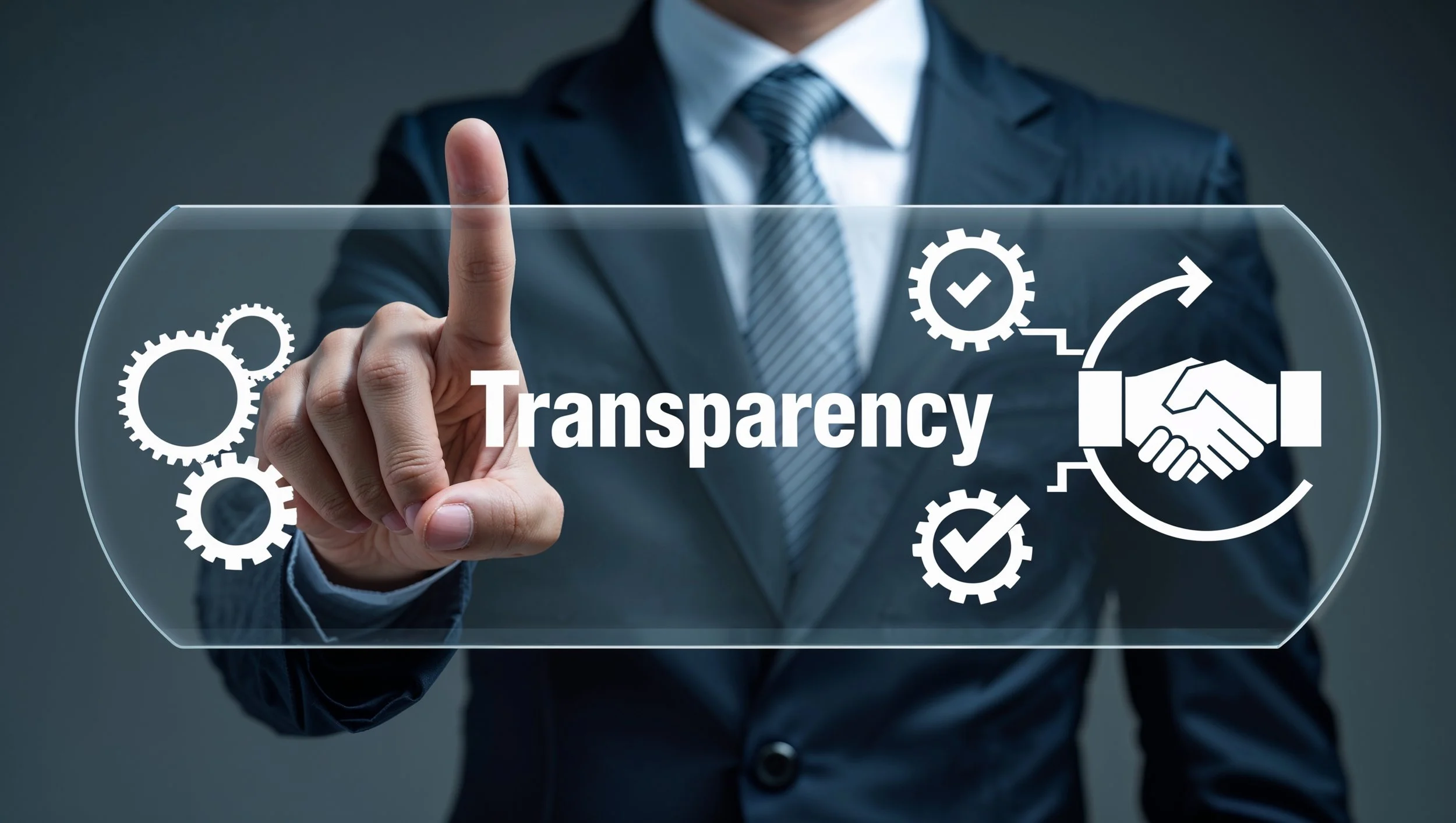 Businessperson in a suit touching a transparent screen with the word 'Transparency' and icons of gears, checkmarks, and handshake.