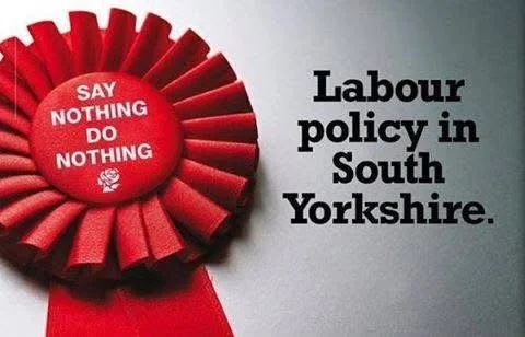 Red Labour Party ribbon with a button that says 'Say Nothing Do Nothing', next to black text reading 'Labour policy in South Yorkshire'.