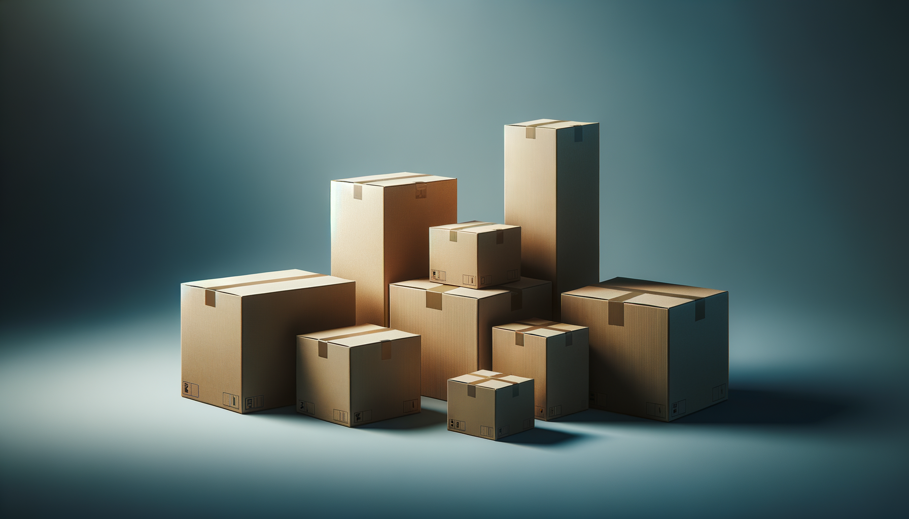 Multiple cardboard boxes of various sizes arranged in a semi-circle with a gradient background.