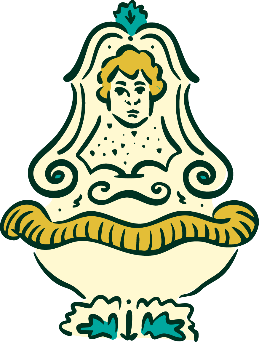 Stylized illustration of a woman with curly hair inside a decorative frame resembling a lamp or mirror, with leaf accents and a pedestal base.