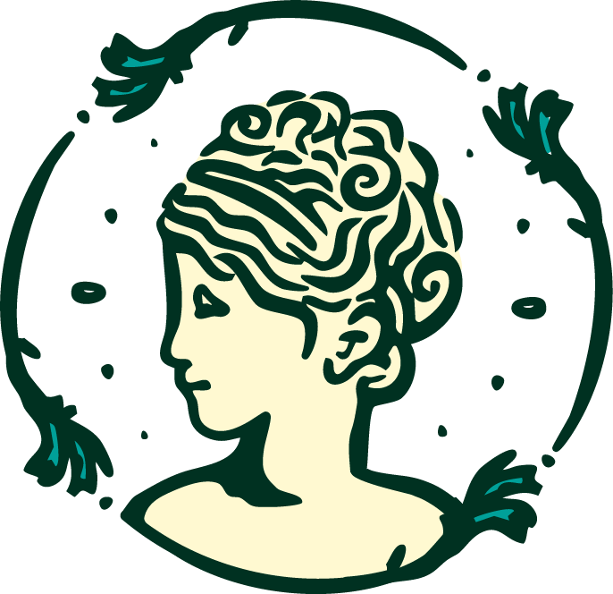 Illustration of a woman's profile with wild, swirling hair inside a circular leafy frame.