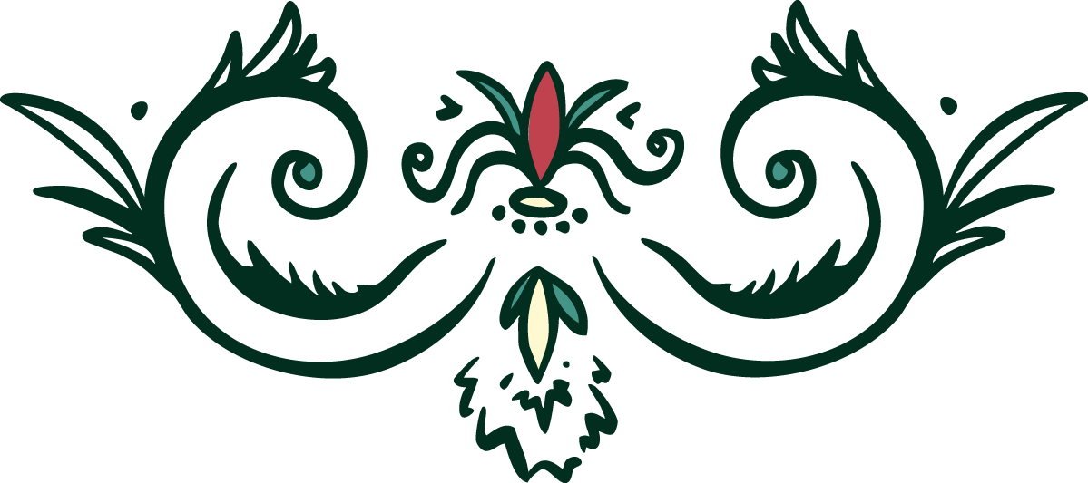 Decorative floral and swirl design with leaves, pink, green, and white accents