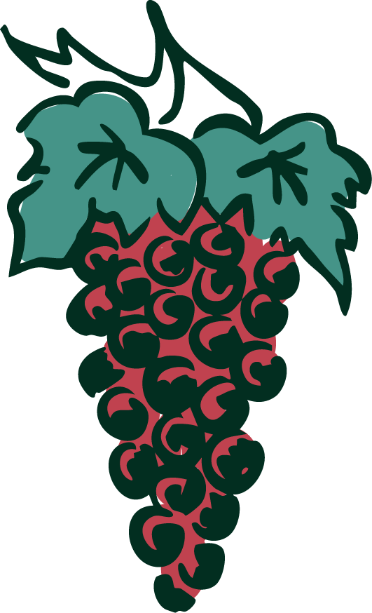 A stylized drawing of a bunch of grapes with green leaves at the top.