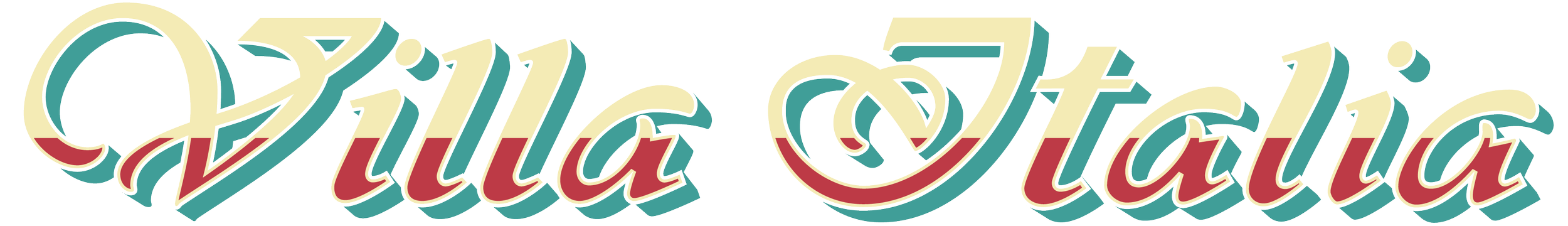 Stylized text reading 'Villa Italia' with a vintage font in cream, teal, and red colors.