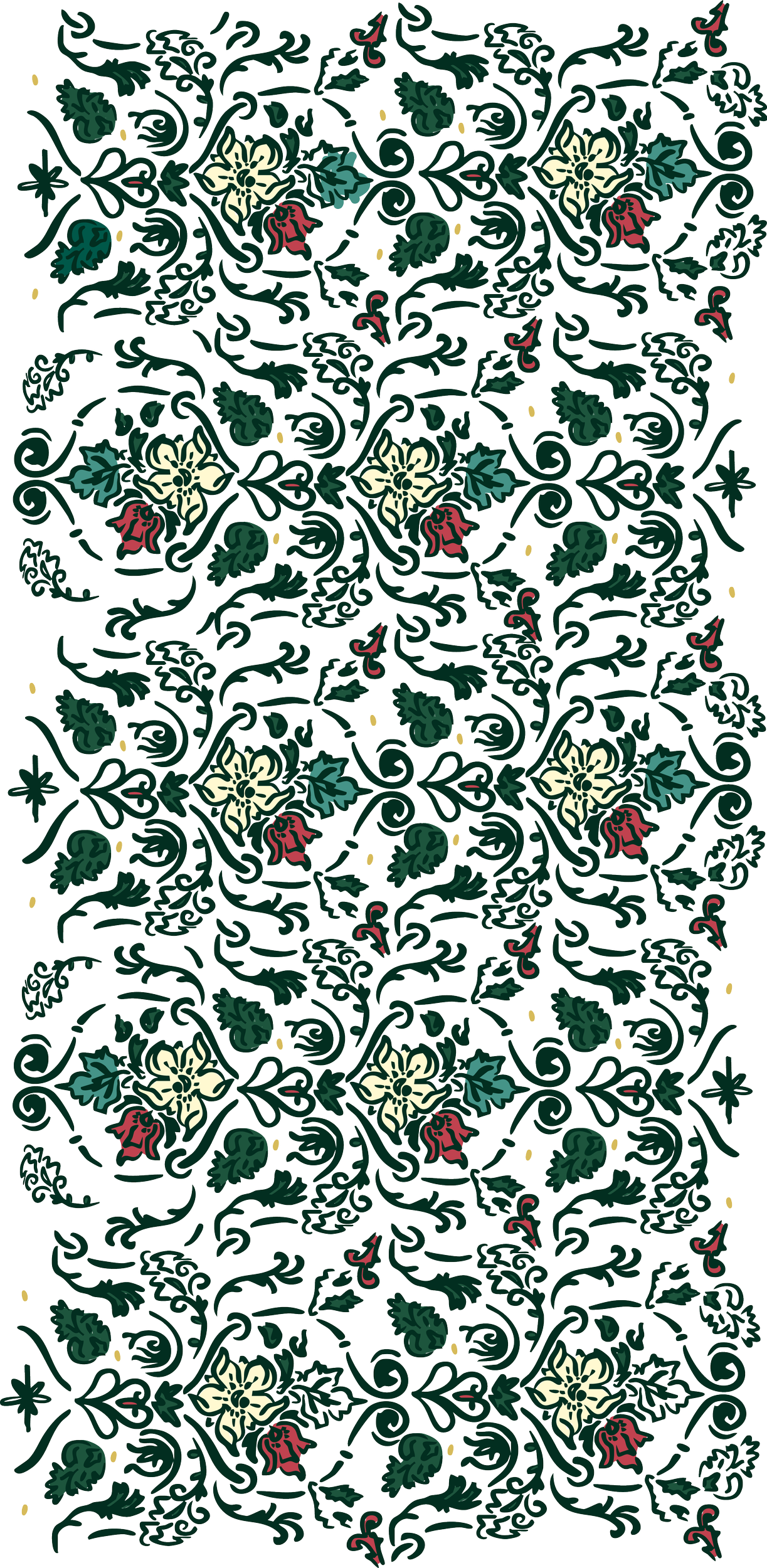 Intricate floral pattern with green leaves, cream and red flowers, and small yellow accents on a black background.