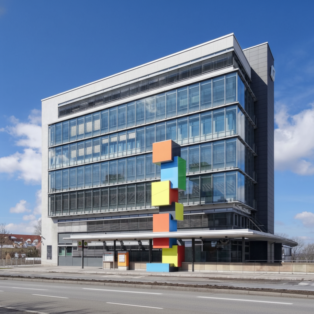  modernes Bürogebäude mit Glasfassade und farbigem Kunstobjekt vor dem Eingang, blauer Himmel, kaum Verkehr auf der Straße in Stuttgart. REM TRANSACTION GmbH