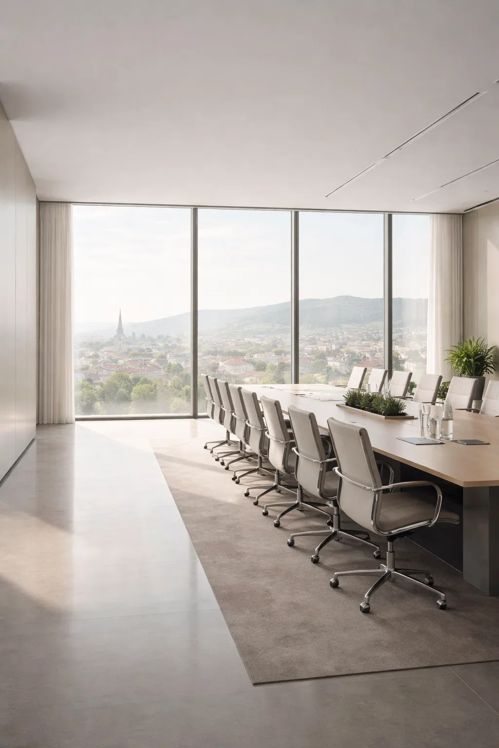 Moderner Konferenzraum mit langem Meetingtisch und Panoramafenstern, Symbolbild für M&A Beratung und Transaktionsbegleitung im Mittelstand.