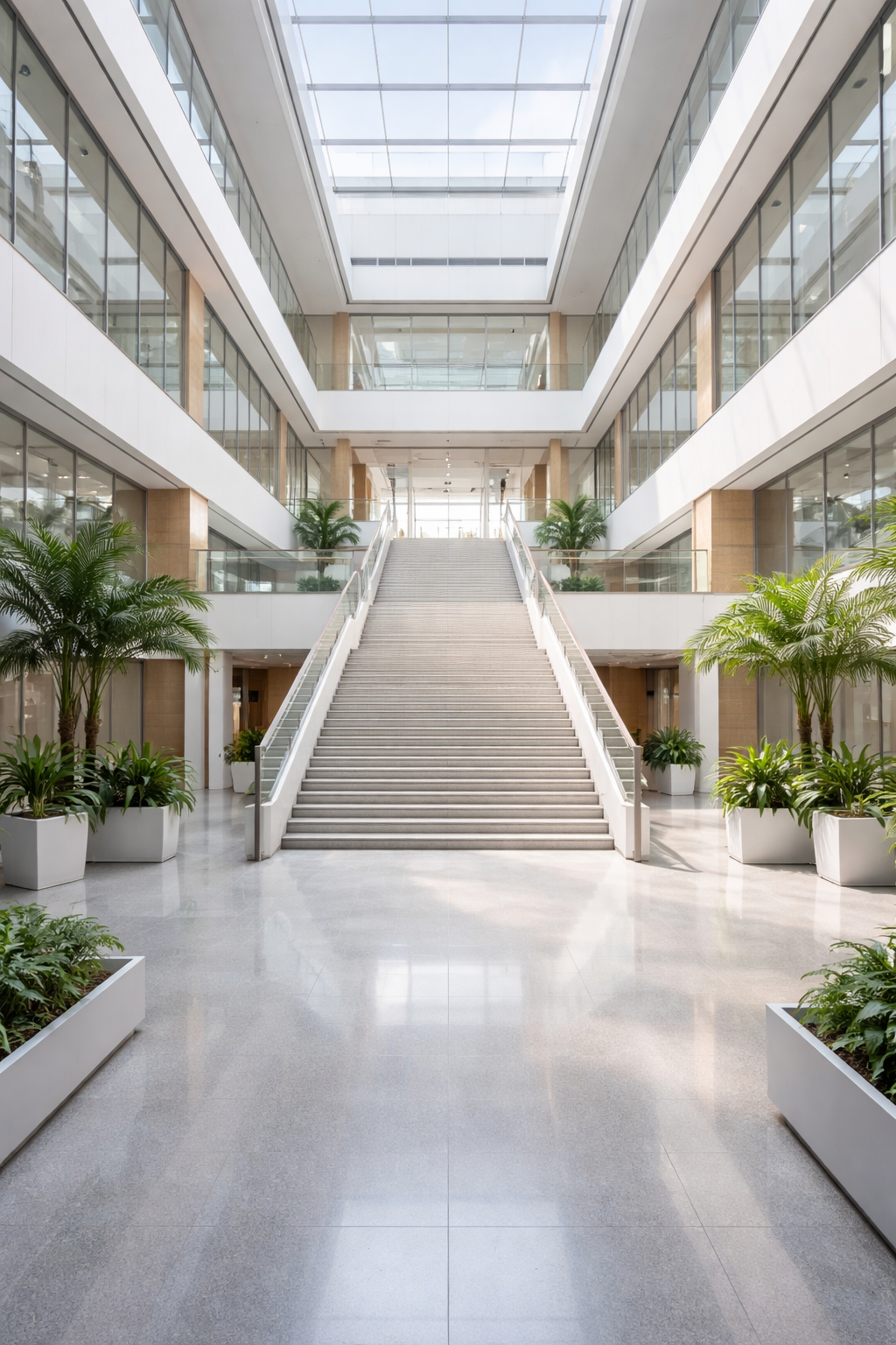 Innenansicht eines modernen, hell erleuchteten Gebäudes mit einer zentralen Treppe, umgeben von großen Pflanzen in weißen Töpfen und viel Glas. Hochglanzboden und offene Galerieebenen sind sichtbar. REM TRANSACTION GmbH