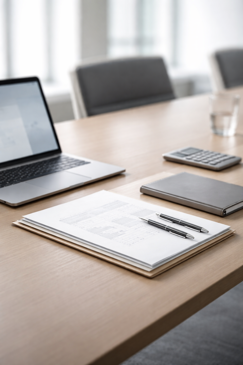 Schreibtisch mit Laptop, Finanzdokumenten, Stiften, Notizbuch und Taschenrechner, Symbolbild für M&A Beratung und Finanzanalyse.