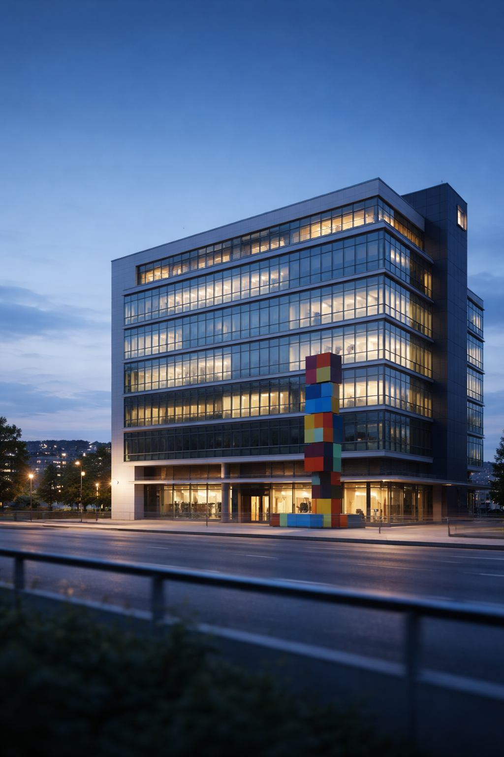 Modernes Bürogebäude in Stuttgart bei Abenddämmerung mit reflektierenden Fenstern und einer bunten Skulptur vor der Eingangstür. REM TRANSACTION GmbH