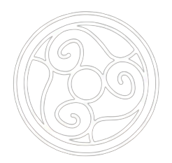 Stylized circular design with swirling lines and a small central circle, resembling decorative metalwork or a logo.