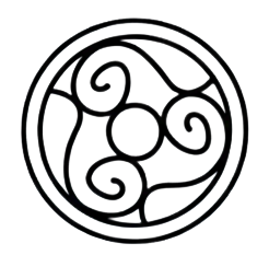 A circular, intricate black and white design with symmetrical swirling patterns.