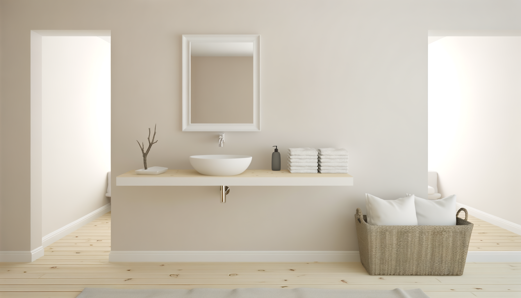 Bathroom with a floating vanity, white vessel sink, mirror, folded towels, soap dispenser, decorative branch, wicker basket with pillows, and adjacent rooms with beds