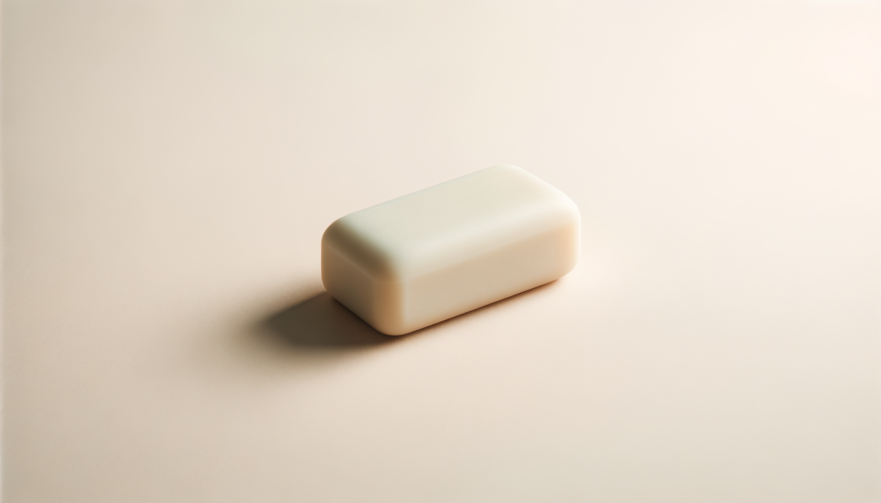 A white bar of soap resting on a beige surface with soft lighting.