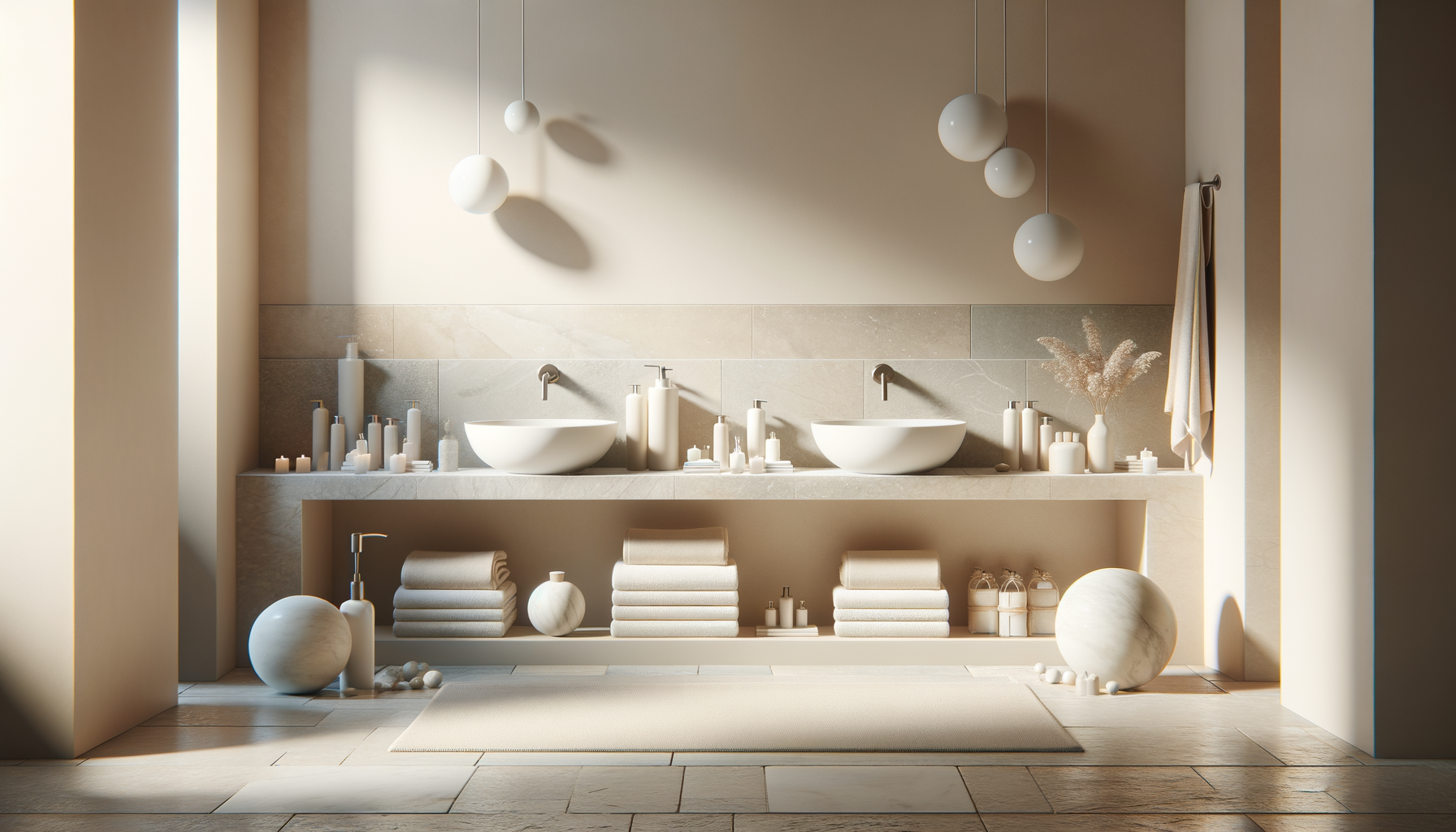 A minimalist bathroom with two white vessel sinks on a light beige countertop, surrounded by candles, toiletries, and decor items in neutral tones. Hanging pendant lights with round white bulbs and decor balls complete the scene.