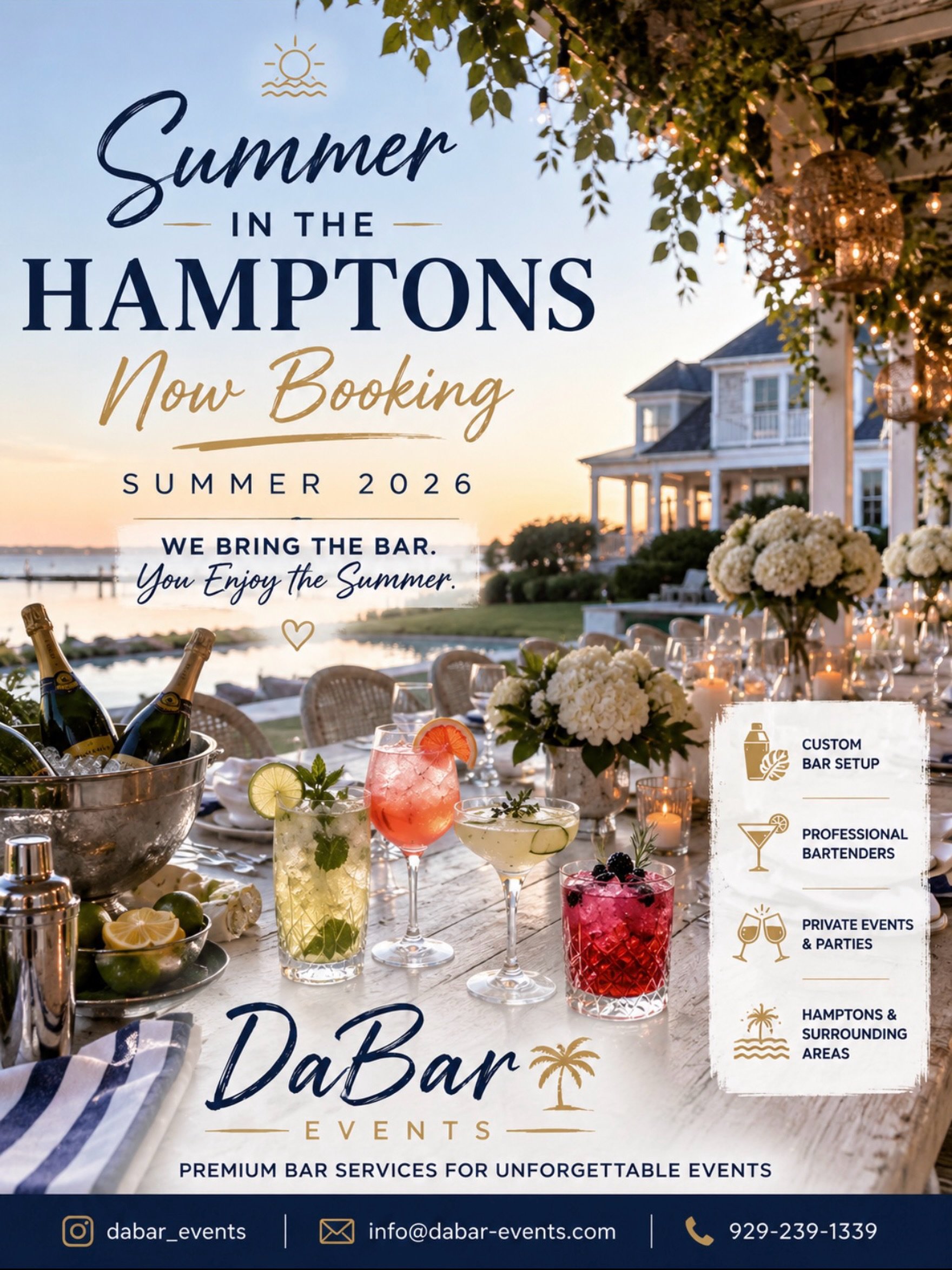 Summer in the Hamptons is calling &mdash; and we&rsquo;re ready to answer. 🌊🥂
Your backyard. Our bar. We bring the full experience &mdash; custom-built bar, professional bartenders &amp; signature cocktails crafted just for your event.
Now booking 