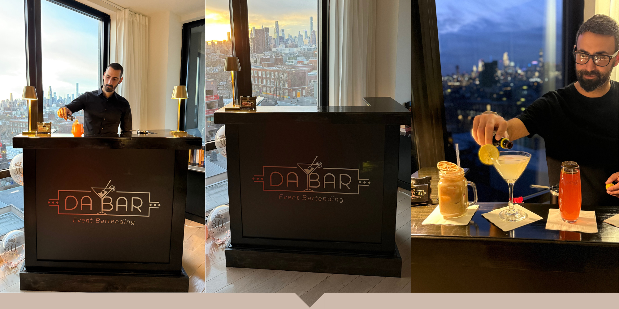 A bartender preparing drinks at a black bar with the logo 'Da Bar Event Bartending' in a high-rise venue with city skyline views during sunset.