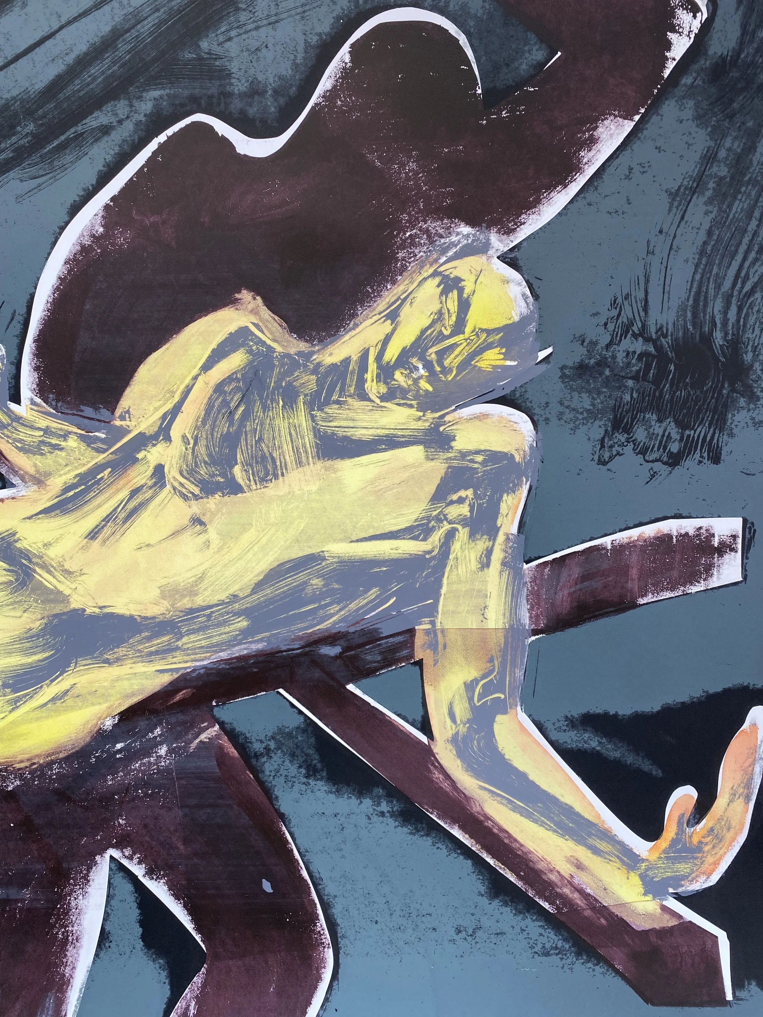 A stylized, abstract painting of a person sitting on a bench, with their head resting on their arm and their legs crossed. The figure is painted in shades of yellow, brown, and orange, set against a dark background.