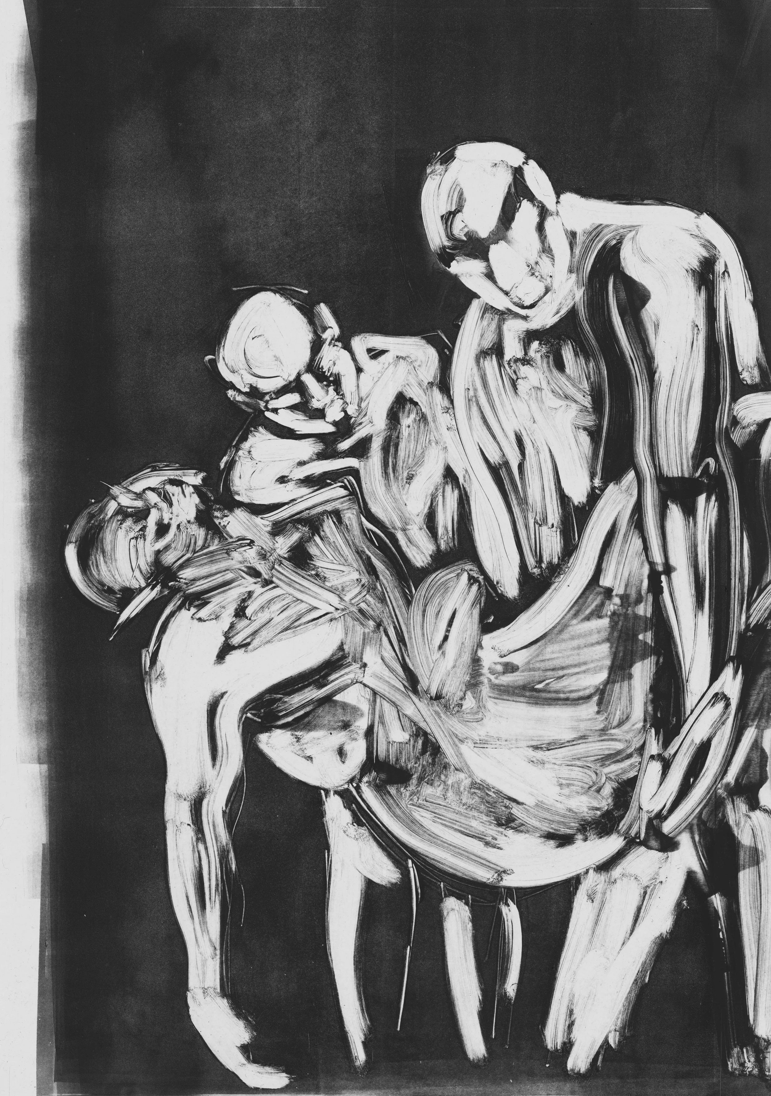 Death of Merman  Screenprint  70 x 100 cm  2024

Death of Merman retells Caravaggio's biblical depiction of 'The Entombment of Christ'. Using the figure of the merman as a symbol of queerness, Caspian reimagines the theatrical composition as a means 