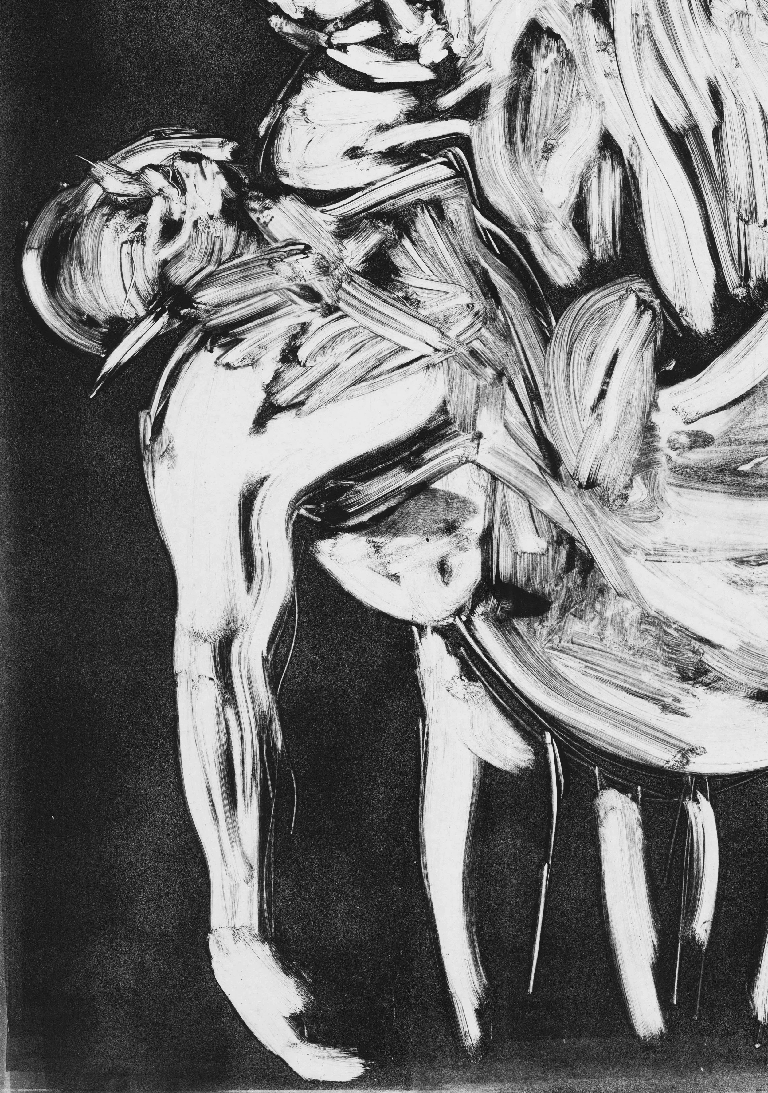 Black and white abstract painting of a woman's face partially covered by abstract brushstrokes.