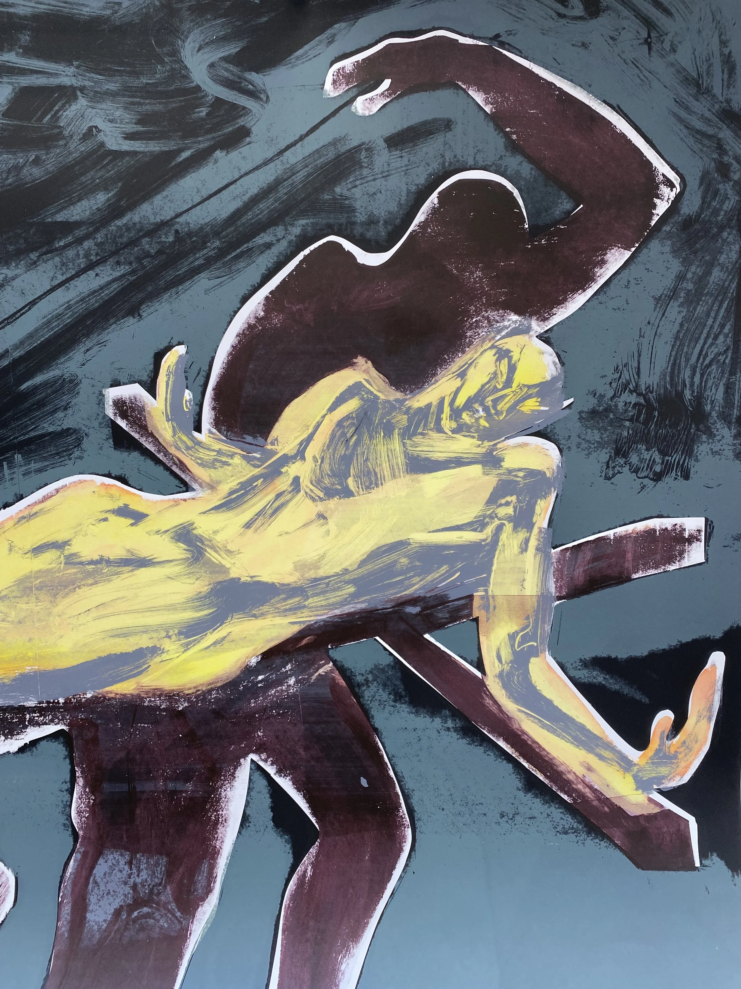 Experimental screen print depicting the Crucifixion of Merman created through a mixed printing process of true grain, stencils and monotype