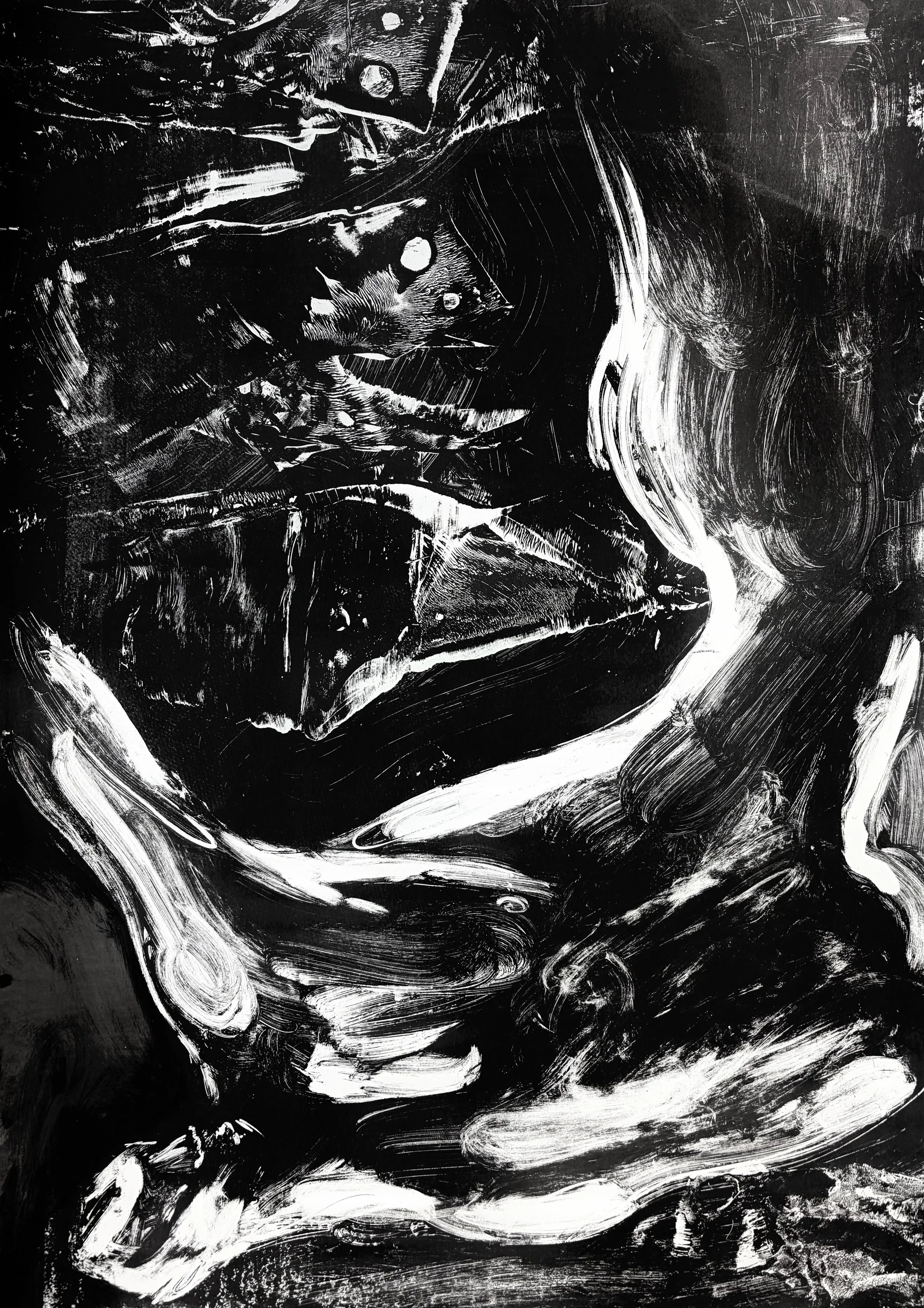 Caspian Azarmi screen print.  Abstract black and white painting with swirling textures and bold brush strokes.