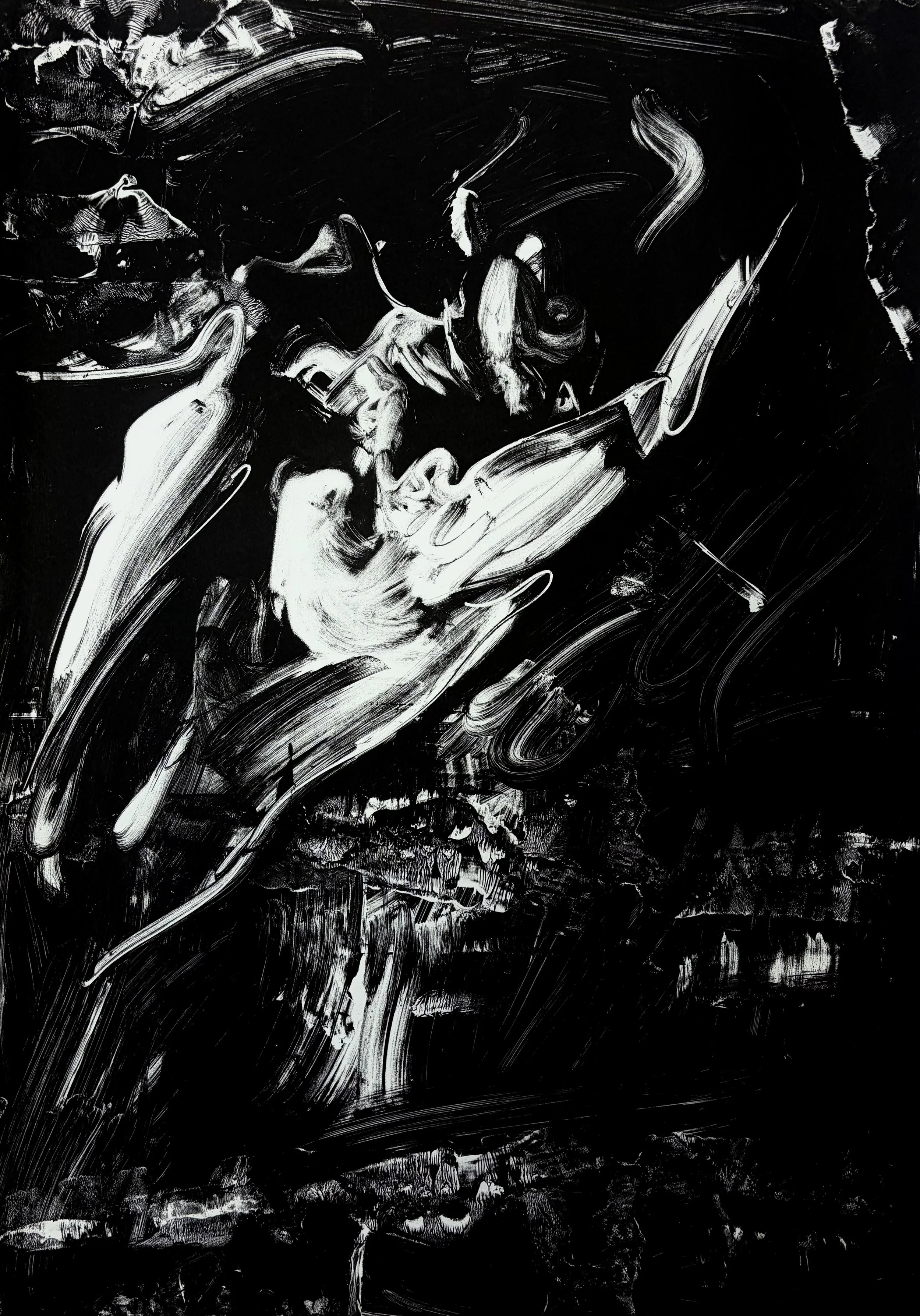 Caspian Azarmi screen print. Abstract black and white painting with bold, sweeping brushstrokes creating a textured, dynamic composition.