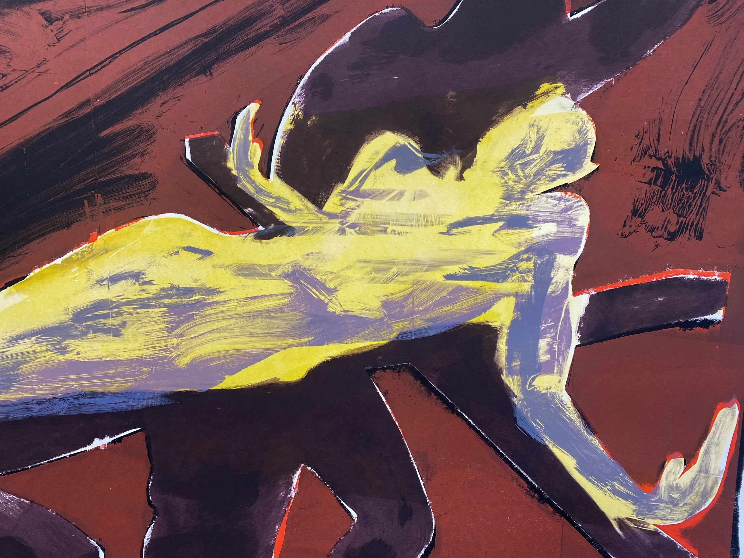 Experimental screen print depicting the Crucifixion of Merman created through a mixed printing process of true grain, stencils and monotype