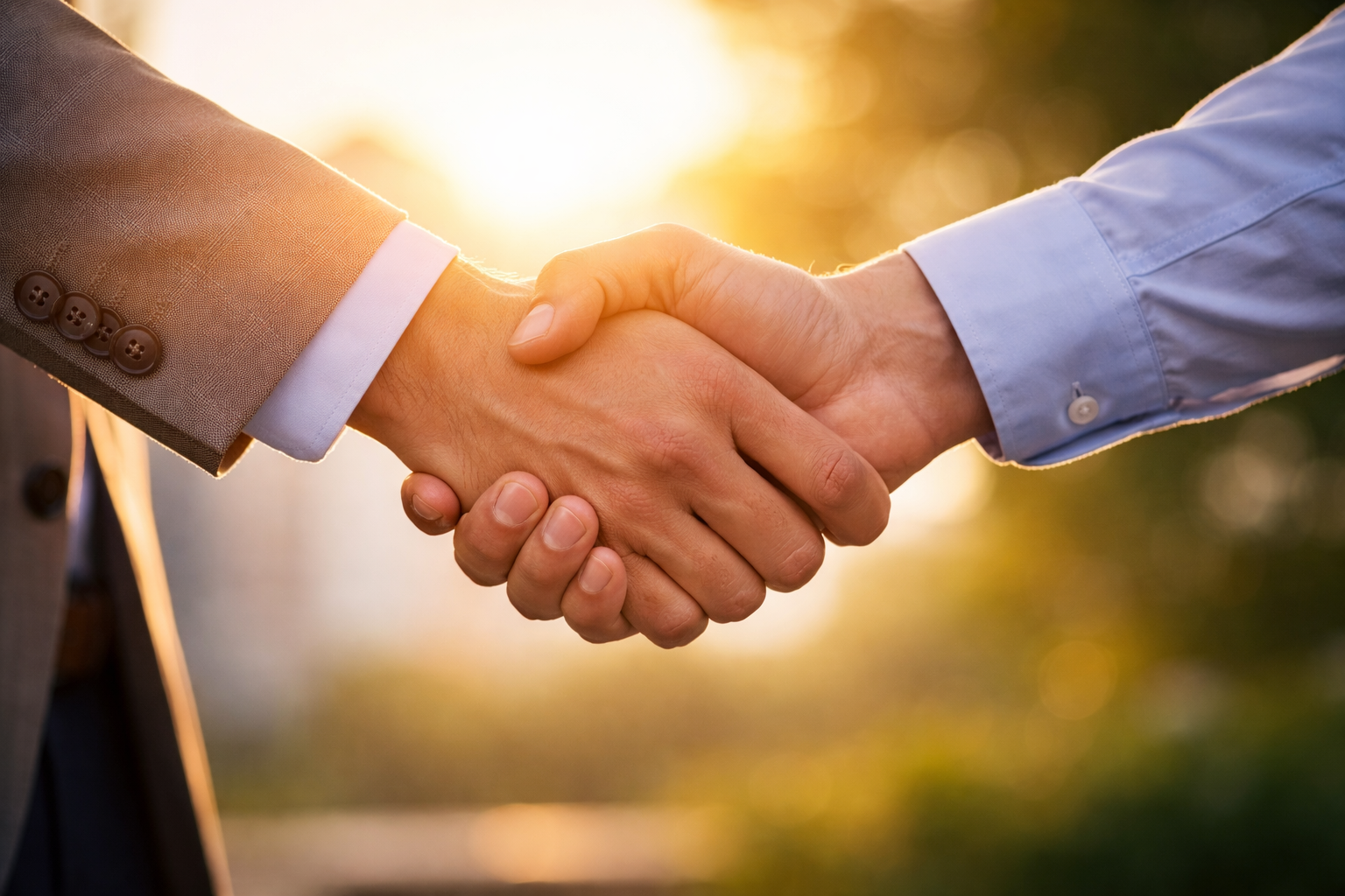 Two hands shaking in warm sunrise light, symbolizing trust, partnership, and career support from Sunrise Writing.