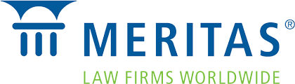 Meritas Law Firms Worldwide logo with blue text and a blue graphic symbol.