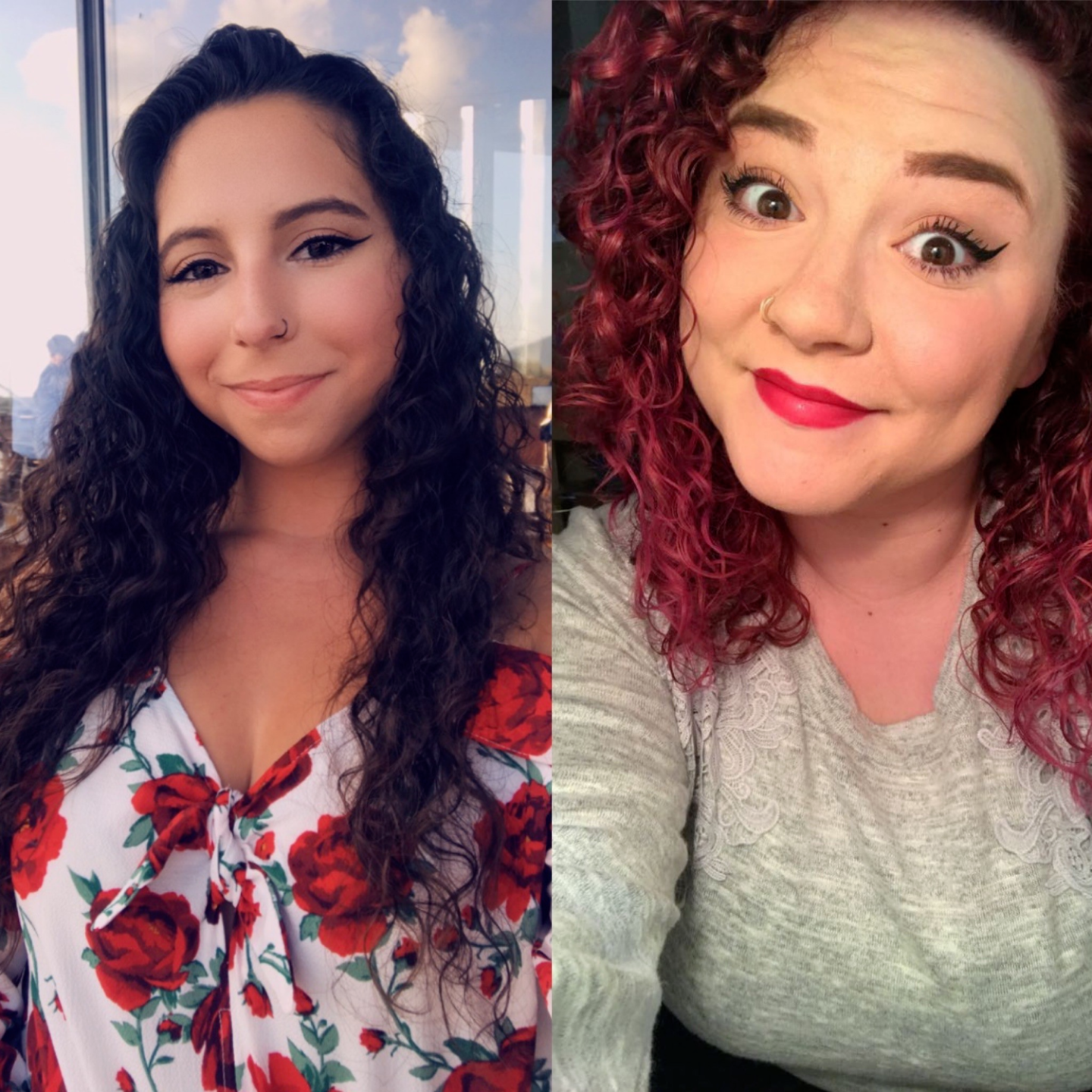 Side-by-side images of a woman with long, curly hair; one with dark hair wearing a floral top, the other with red hair wearing a gray shirt.