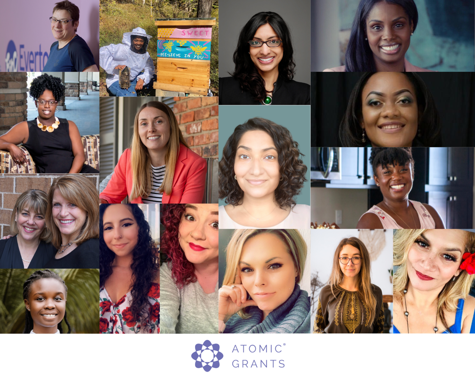 Collage of diverse women smiling, including individuals in professional attire, casual clothing, and outdoor settings, with a logo and the text 'Atomic Grants' at the bottom.