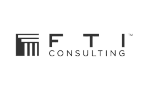 Black and white logo for FTI Consulting with a Greek-style column icon to the left.