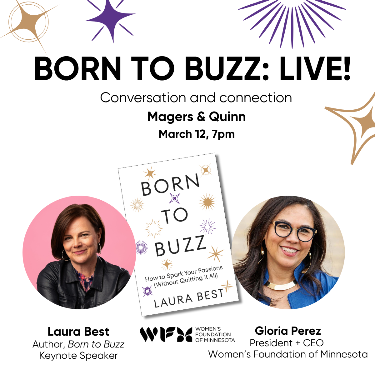 Event poster for 'Born to Buzz: Live!' featuring authors Laura Best and Gloria Perez, with a book cover image of 'Born to Buzz' by Laura Best, scheduled for March 12 at 7 pm, including details about speakers and organizations involved.