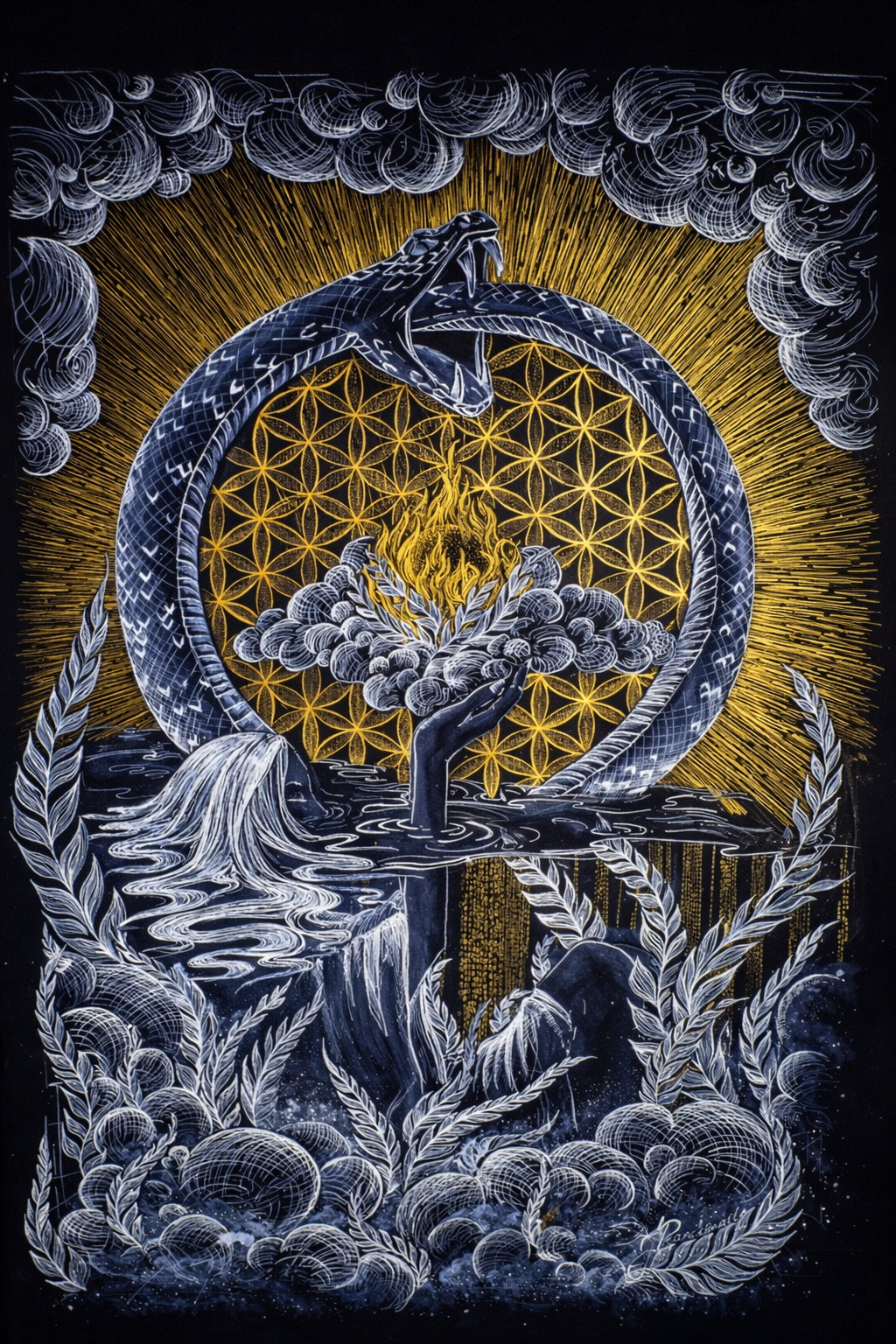 A mystical artwork featuring a snake forming a circle around a burning flame, with a background of golden geometric patterns, clouds, water, and decorative elements in white, black, gold, and blue tones.