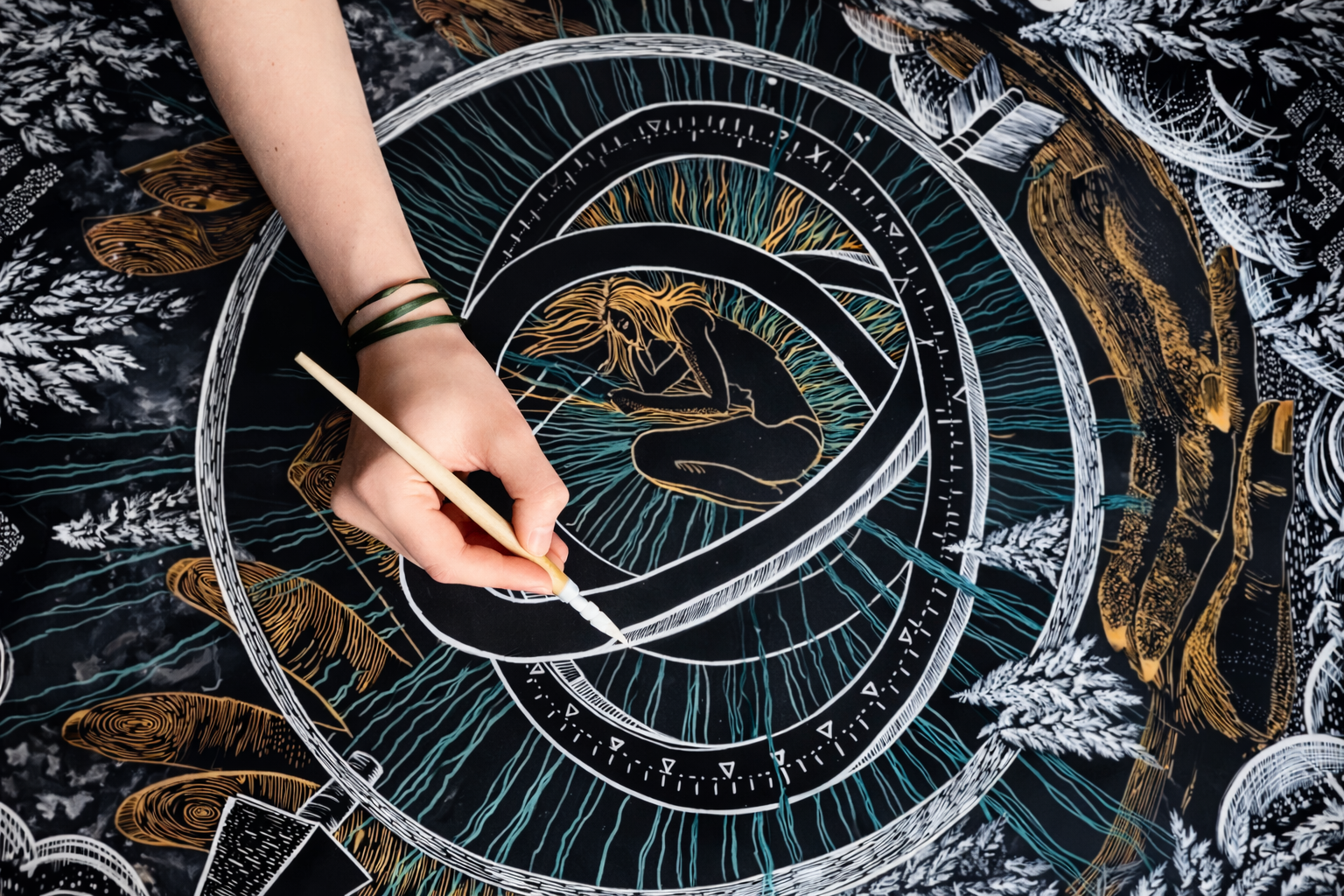 Justė Pranckunaitė in process of creating artwork "Rebirth". A detailed, mystical drawing of a sleeping woman with flowing hair in center of armillary Sphere. Surounded by hands, and nature motifs in white, gold, and teal on a black background.