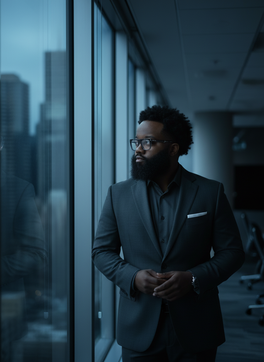 A man in a black suit and glasses standing by a window in an office, looking outside with a city skyline in the background.