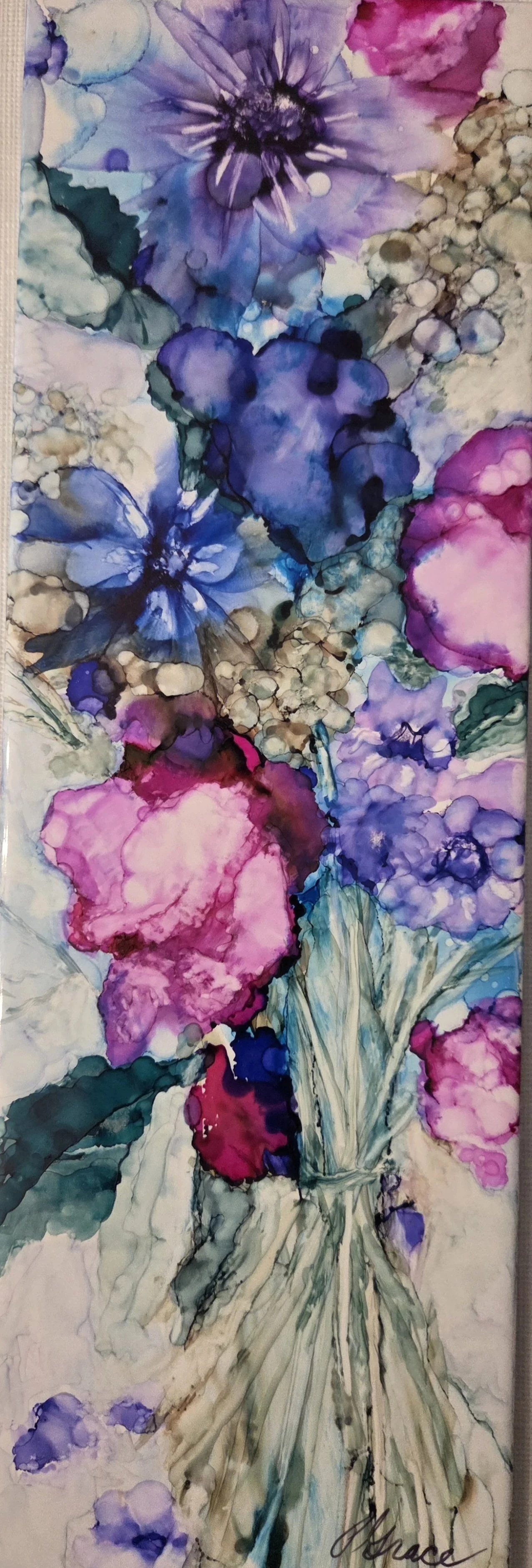 Alcohol Ink Floral Painting on 12”x4” ceramic tile with Pat