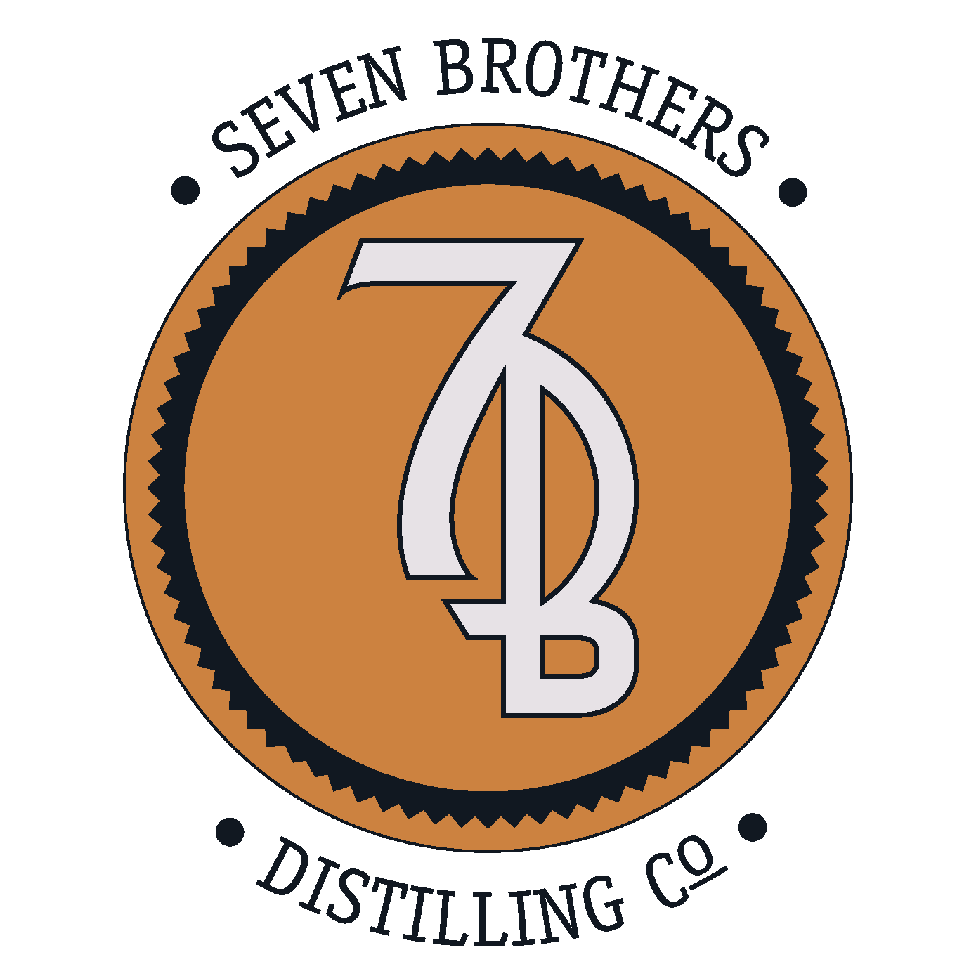 Logo for Seven Brothers Distilling Co., featuring a large number 7 and the Greek letter Beta, with the text 'Seven Brothers' above and 'Distilling Co.' below, in a circular design.